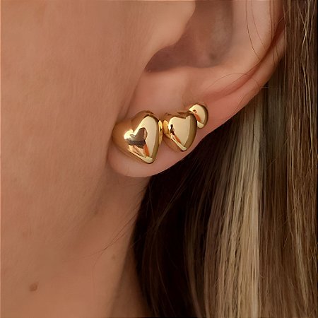 Brinco Trio Coração Bold P M G  Banhado a Ouro 18k