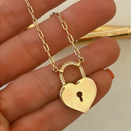 Colar Coração Liso Chave Banhado a Ouro 18k