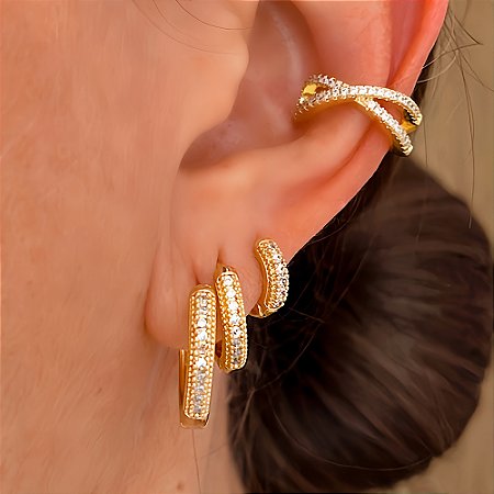 Brinco Trio Argolinha Cravejado e Zircônia Banhado a Ouro 18k