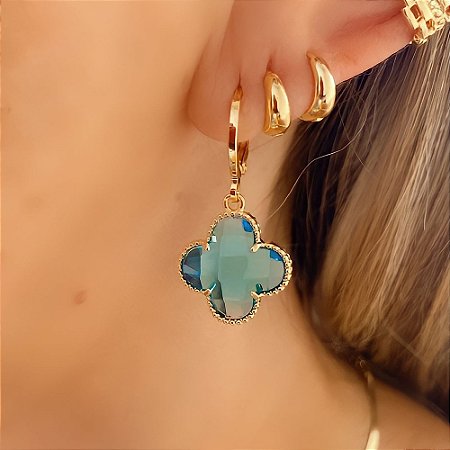 Brinco Argolinha Trevo Cristal Azul Folheado a Ouro
