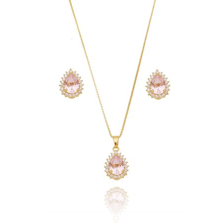 Conjunto Colar e Brinco Gota Rosa Cravejado Banhado a Ouro 18k