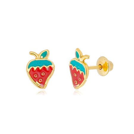 Brinco Duplo Infantil Cereja e Morango Banhado a Ouro 18k