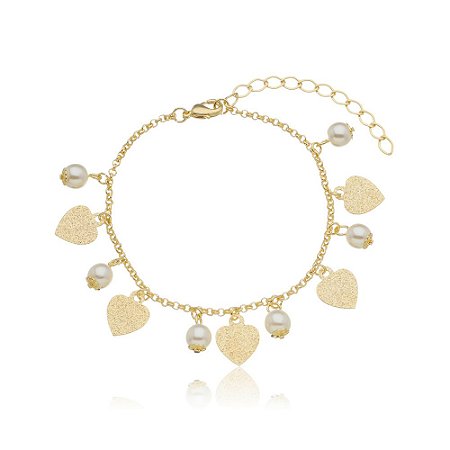 Pulseira Coração e Pérolas Banhado a Ouro 18k