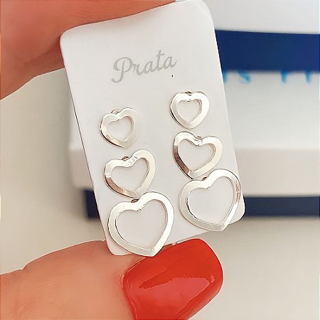 Brinco Trio Coração Vazado Prata 925