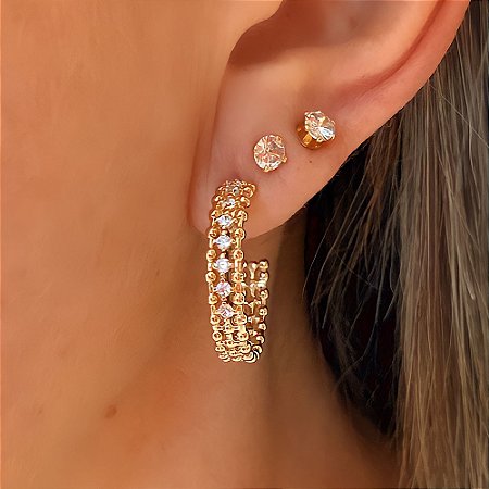 Brinco de Argola Bolinhas e Zircônias Naty Banhado a Ouro