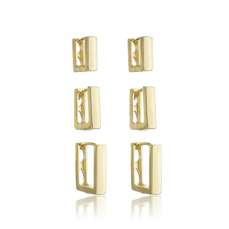 Brinco Trio de Argola Retangular Lisa Lary Banhado a Ouro 18k