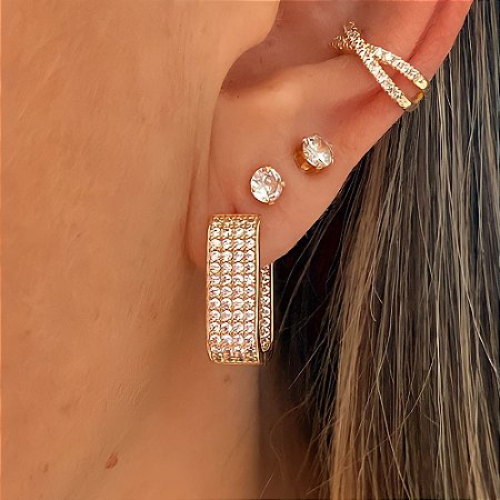 Brinco de Argola Retangular Luxo Diva Banhado a Ouro
