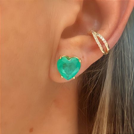 Brinco Coração Pedra Fusion Verde Turmalina Banhado a Ouro