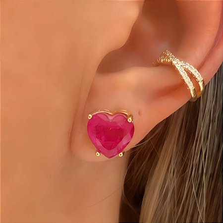 Brinco Coração Pedra Fusion Rosa Lilás Banhado Ouro
