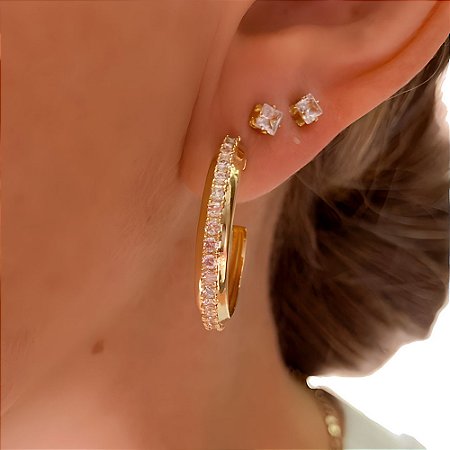 Brinco de Argola Luxo Cristais Nick Banhado a Ouro