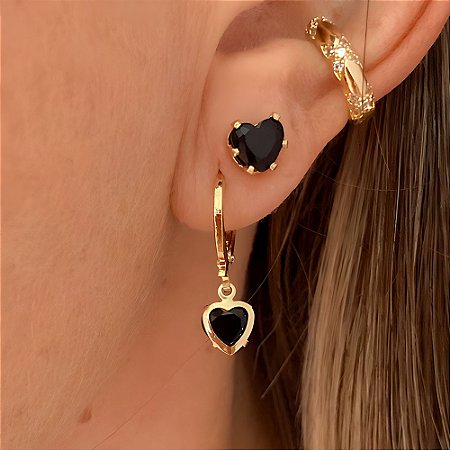 Brinco de Argola Duplo Cristal Preto Shine Banhado a Ouro