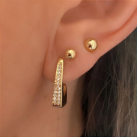 Brinco de Argola Quadrada e Zircônias Pequena Banhado a Ouro