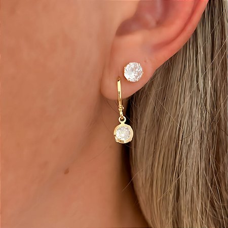 Brinco de Argola Duplo Redondo Cristal Banhado a Ouro