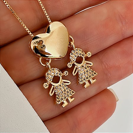 Colar Coração Liso Duplo Duas Meninas Folheado a Ouro
