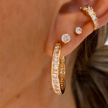 Brinco de Argola Luxo e Cristais Folheado a Ouro