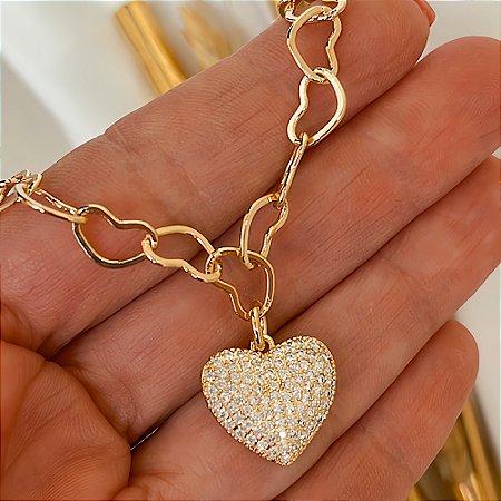 Pulseira Elos Pingente Coração Crav Folheado a Ouro