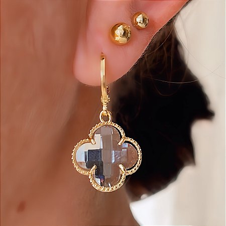 Brinco Argolinha Trevo Cristal Banhado a Ouro