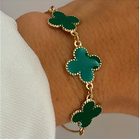 Pulseira Regulável Trevo Resina Verde Banhado a Ouro