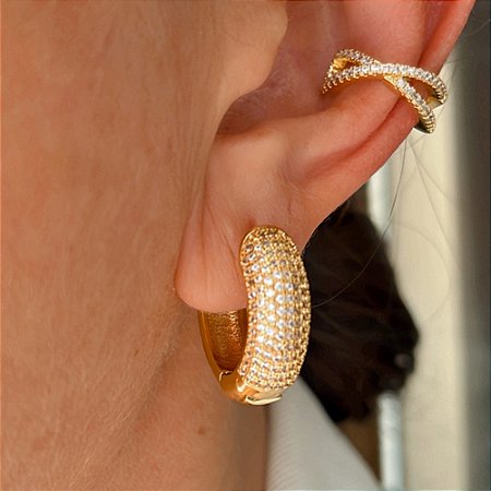 Brinco de Argola Luxo e Zircônias Ray Banhado a Ouro 18k