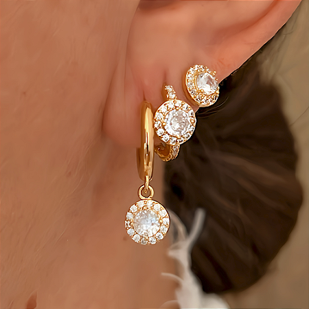 Brinco Trio Mix Shine Luxo Banhado a Ouro 18k