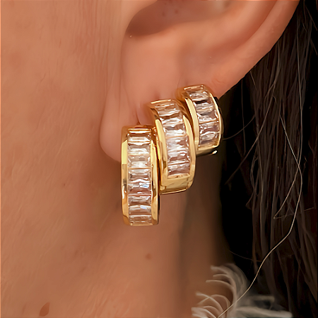 Brinco Trio de Argolas e Navetes Cristais Banhado a Ouro 18k