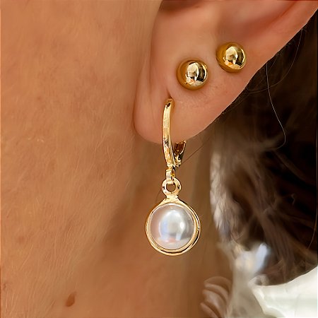 Brinco de Argolinha Clic Pérola Banhado a Ouro 18k