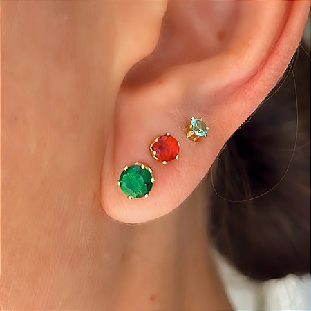 Brinco Trio Cristal Azul Vermelho Verde Banhado a Ouro 18k