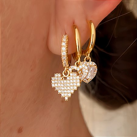 Brinco Trio Mix Coração Banhado a Ouro 18k
