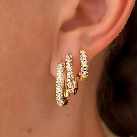 Brinco Trio Retangular Cravejado Slim Banhado a Ouro 18k