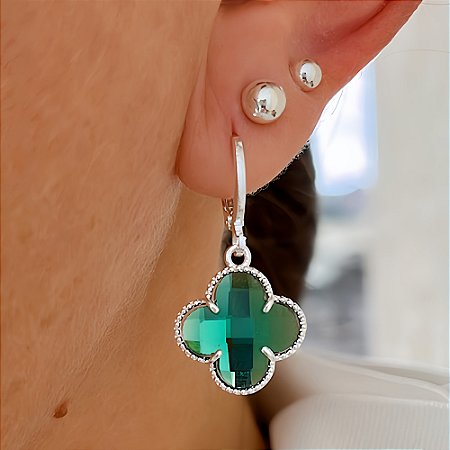 Brinco de Argola Trevo Turmalina Banhado a Prata