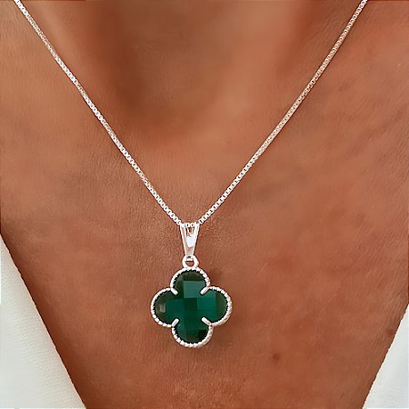 Colar Trevo Verde Turmalina Banhado a Prata