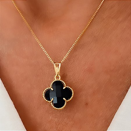 Colar Trevo Preto Banhado a Ouro 18k