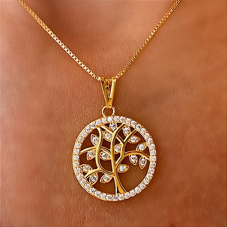 Colar Árvore da Vida e Cristais Livin Banhado a Ouro 18k
