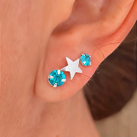 Brinco Trio Cristal Azul e Estrela Banhado a Prata