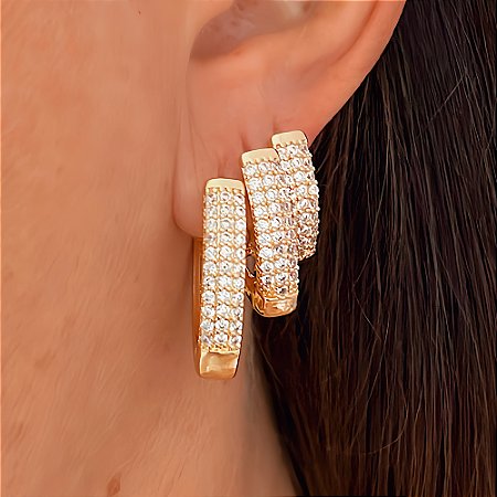Brinco Trio de Argola Luxo Oval Cravejado Banhado a Ouro 18k