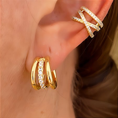 Brinco de Argola 3 fios e Zircônias Yas Banhado a Ouro 18k