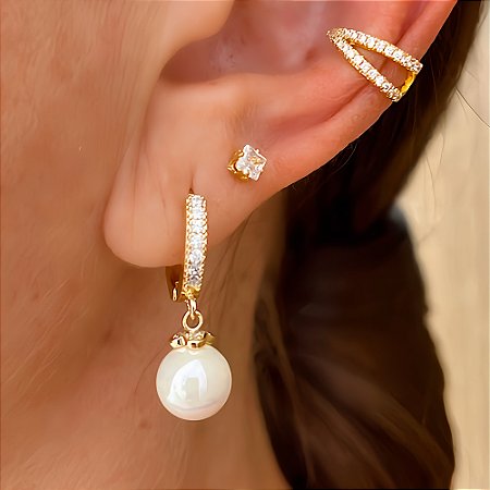 Brinco de Argola Crav e Pérola Boreal Banhado a Ouro 18k