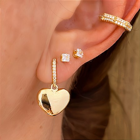 Brinco de Argola Pingente Coração Liso e Zircônia Banhado a Ouro 18k