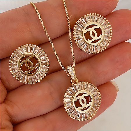 Conjunto Colar e Brinco e Cristais Splendor Banhado a Ouro 18k