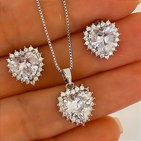 Conjunto Colar e Brinco Mini Coração Ródio Branco