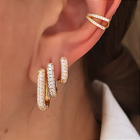 Brinco Trio Retangular Cravejado Liess Banhado a Ouro 18k