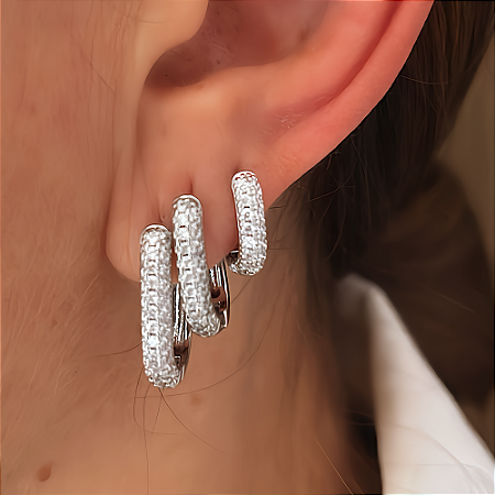 Brinco Trio Retangular Cravejado Liess Ródio Branco