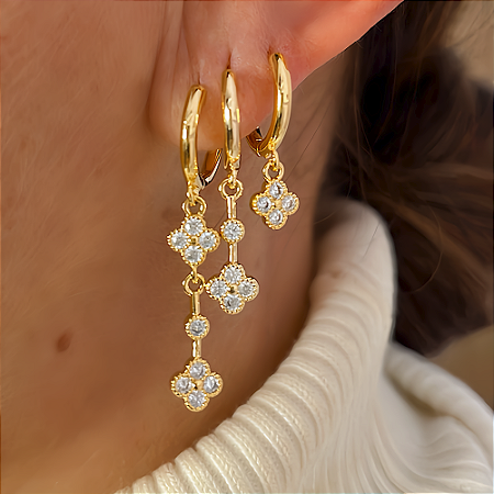 Brinco Trio Chuva de Trevos Cristais e Zirc Banhado a Ouro 18k