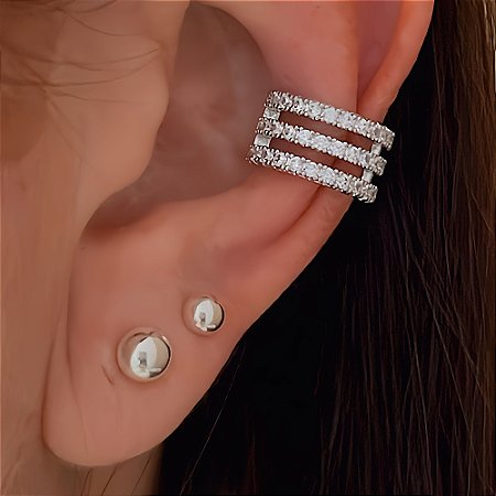 Piercing Fake 3 Fileiras Cristais Cravejado Banhado a Ródio Branco
