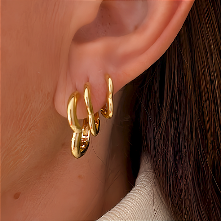 Brinco Trio Coração Liso Slim Banhado a Ouro 18k