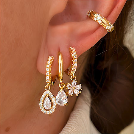 Brinco Trio Lumi Cristal Banhado a Ouro 18k