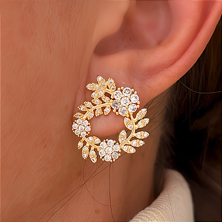 Brinco Frontal Ramos e Cristais Banhado a Ouro 18k