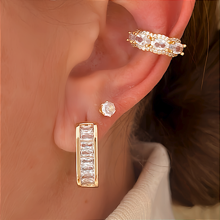 Brinco de Argola Retangular e Baguetes Banhado a Ouro 18k