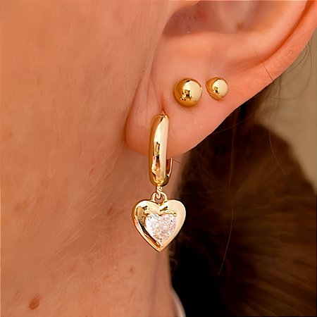 Brinco Argolinha Pingente Coração e Cristal Banhado a Ouro 18k