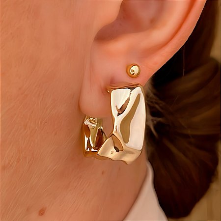 Brinco Argola Luxo Martelada Banhado a Ouro 18k